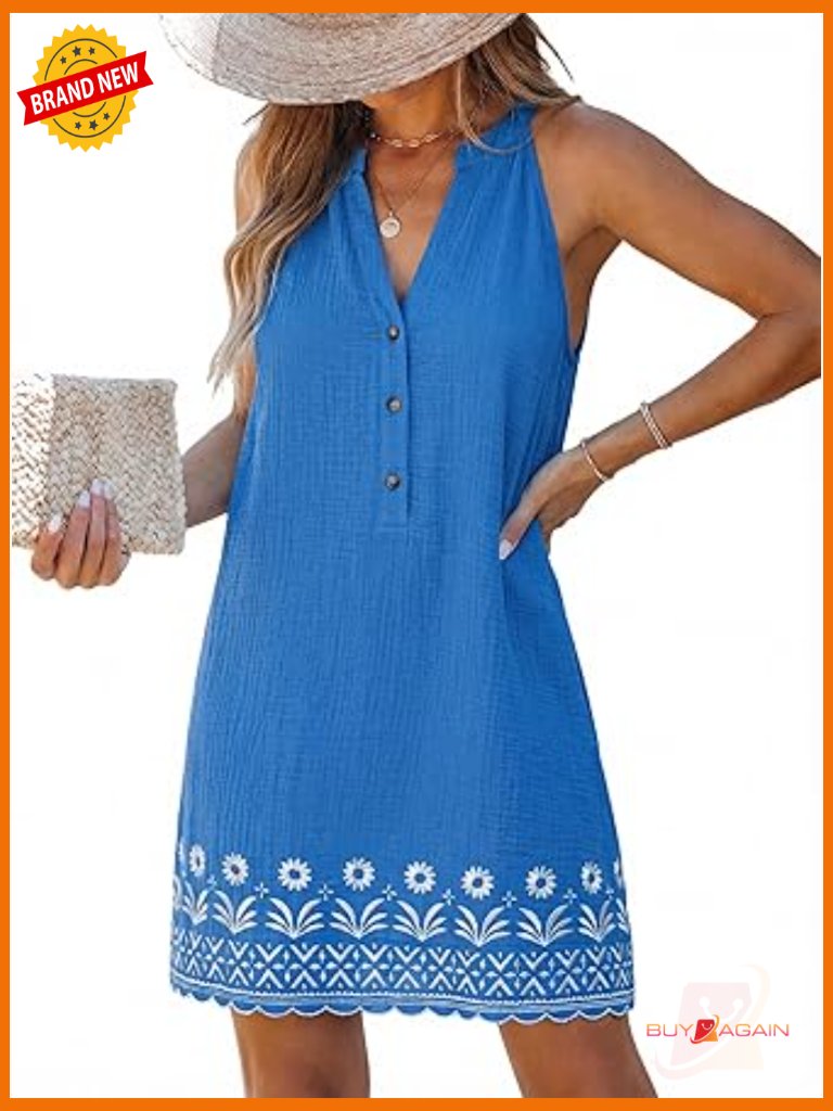 V Neck Sleeveless Striped Button Up Mini Dress Shift Silhouette Relaxed Fit